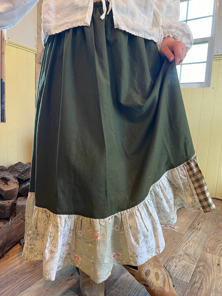 L-3XL Scrappy Midi Cottage Skirt | Dreamy Greens 100% Linen & Cotton