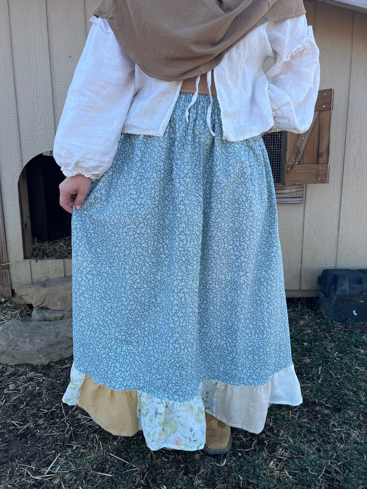 L-3XL Scrappy Maxi Cottage Skirt | Floral Blues 100% Linen & Cotton