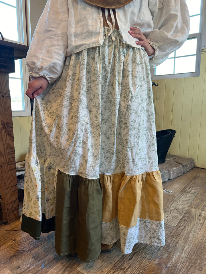 L-3XL Scrappy Maxi Bramble Skirt | Dreamy Greens 100% Linen & Cotton