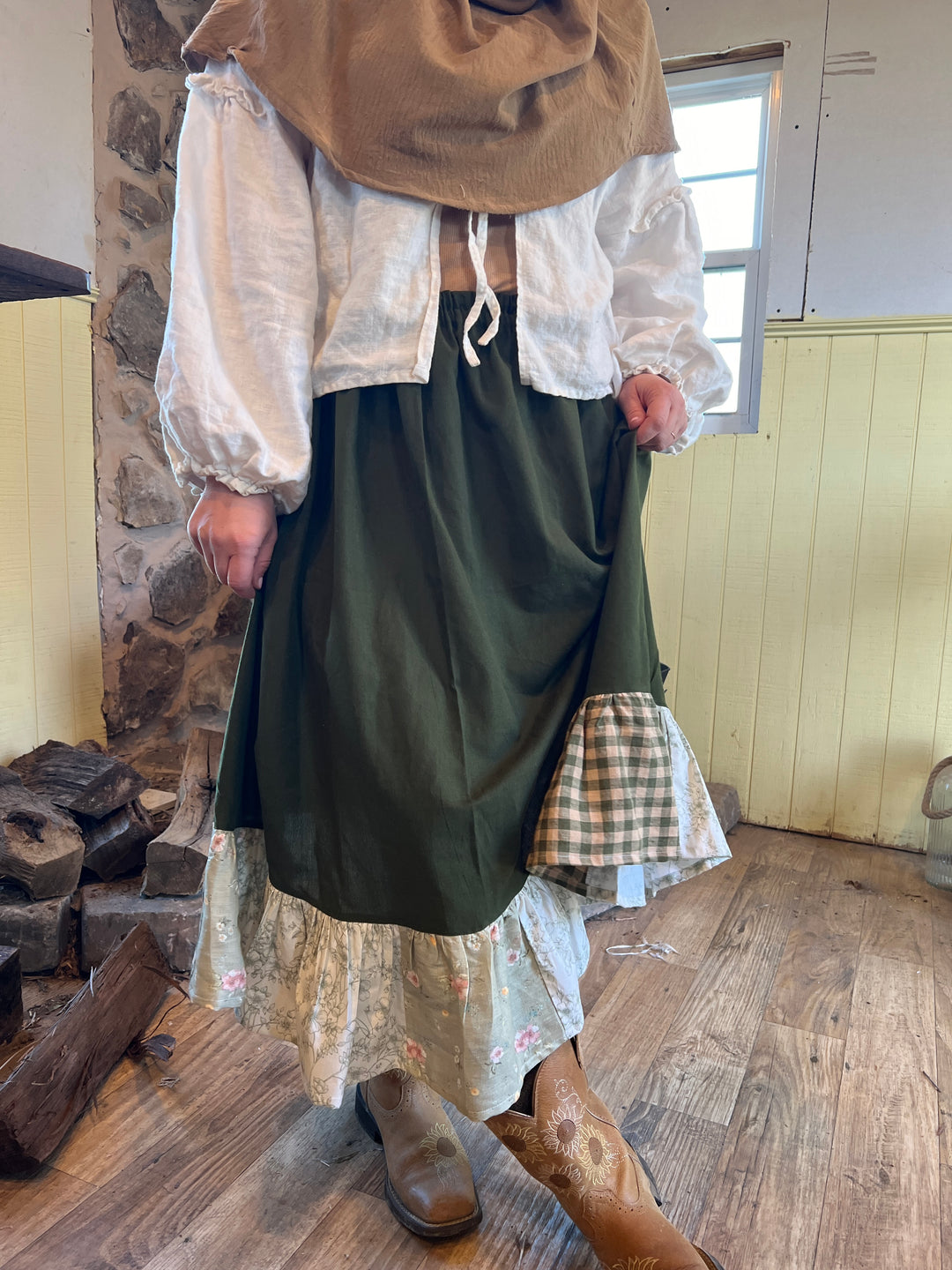 L-3XL Scrappy Midi Cottage Skirt | Dreamy Greens 100% Linen & Cotton