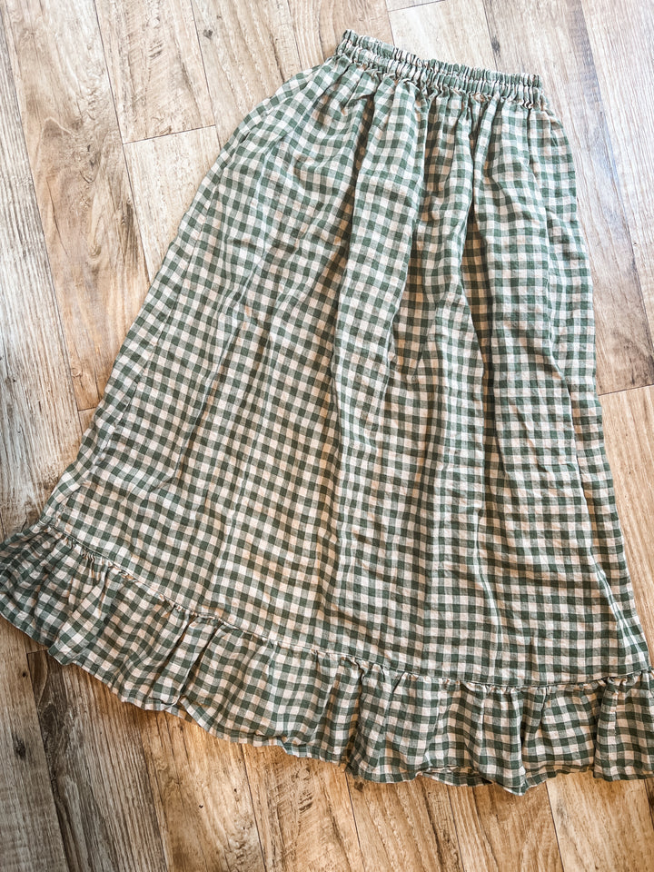 2XS-M Green Mini Gingham Maxi Cottage Skirt | 100% Linen